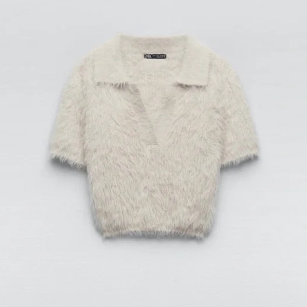 Zara Cream Fuzzy Short Sleeve Top